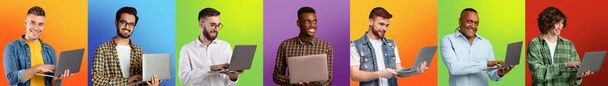 Концепция фрилансера. Разнообразные мультиэтнические мужчины с ноутбуками позируют за красочные фоны - Фото, изображение