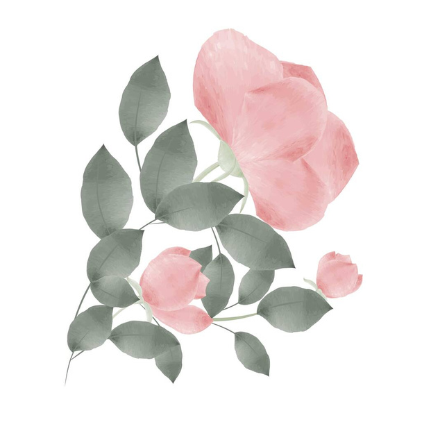 Au nez avec des roses et des branches vertes et des feuilles sur un fond blanc. Vecteur floral avec dessin de feuillage pour l'impression, textiles, cartes postales. Aquarelle. Vecteur - Vecteur, image