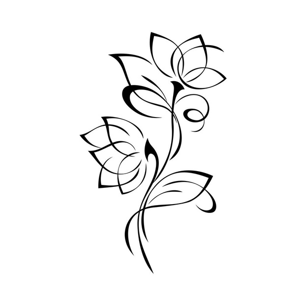 two stylized blossoming flowers on stems with leaves and curls. graphic decor - ベクター画像