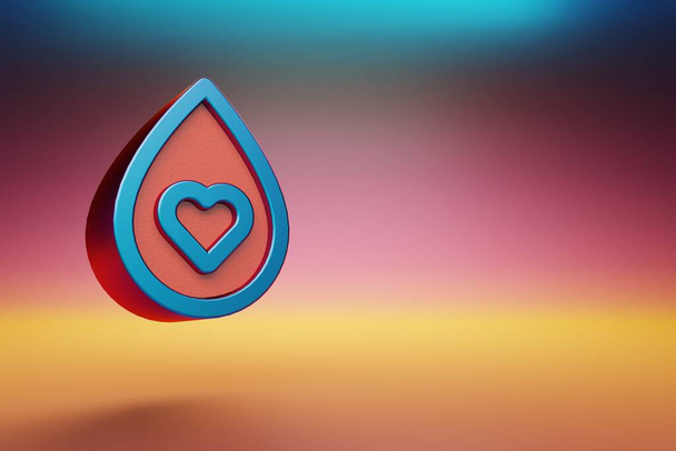 Verenluovutus. Kaunis sininen veripisara ja sydämen kuvakkeet symboli monivärinen kirkas tausta. 3D-mallinnus. Suunnittelun taustakuvio. - Valokuva, kuva