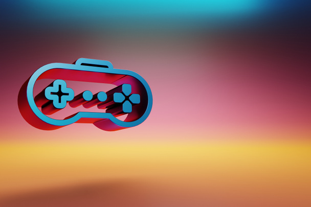 Joystick vídeo game estilo retro. Bonito símbolo de ícones de joystick azul no fundo brilhante multicolorido. ilustração de renderização 3d. Padrão de fundo para o projeto. - Foto, Imagem