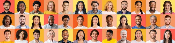 Headshots of multicultural adult and millennial people on light backgrounds, panorama - Photo, Image