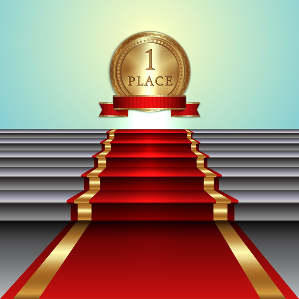 Vector abstract illustration of red carpet on staircase and golden medal with ribbon and light background - Vector, Image