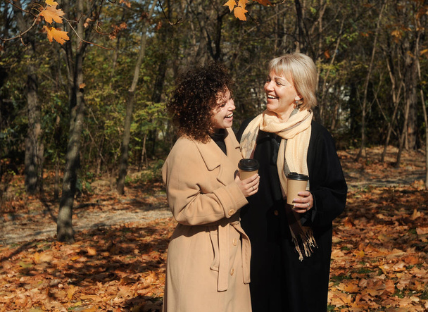 Frau mittleren Alters und junge Frau mit lockigem Haar zu Fuß im Herbst Park. Mutter-Tochter-Beziehung - Foto, Bild