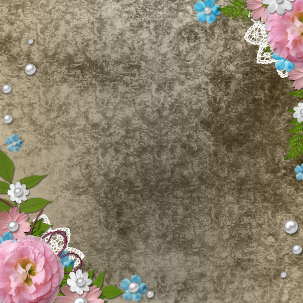 Vintage beige background with pink roses, pearls and lace - Foto, Imagem