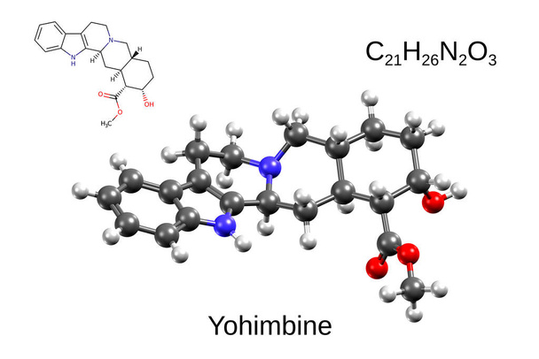 Chemical formula, skeletal formula, and 3D ball-and-stick model of yohimbine, a drug for erectile dysfunction, white background - Photo, Image