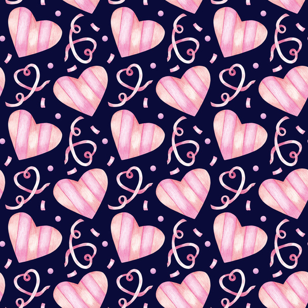 Watercolor seamless pattern with ribbons and hearts. Pink hearts on a dark background. Hand drawn vintage background for wrapping paper, design, fabrics, cards and other purposes. - Photo, Image