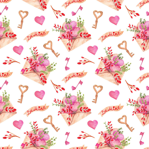 Seamless bright pattern with postal envelope, ribbons and hearts.  Illustration with love. Hand-drawn watercolor background for wrapping paper, design, fabrics, cards and other purposes. - Фото, изображение