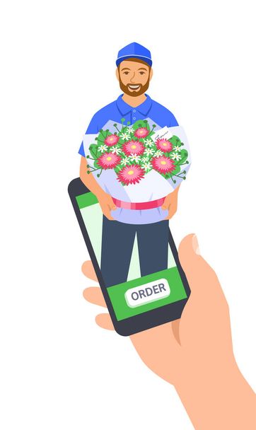 Свежие цветы экспресс доставка. Доставщик держит цветочный букет. Клиент делает заказ онлайн с помощью приложения мобильного телефона. Работник службы доставки цветочного магазина отдает приказ. Плоская карикатура - Вектор,изображение