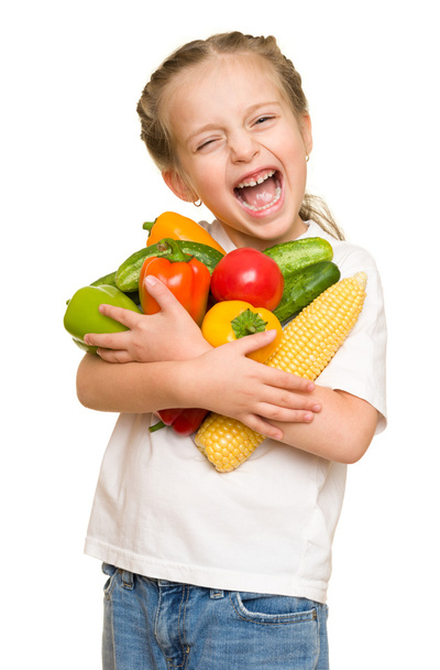 a gyümölcsök és zöldségek a fehér kislány - Fotó, kép