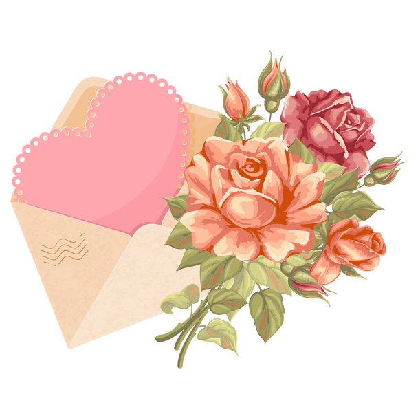 Congratulation on Valentine's Day, valentine or romantic love letter. Card in heart shape with space for text, in open envelope and decorated with bouquet of rose flowers. Vector illustration. - Vector, Image