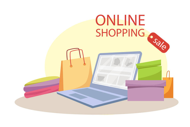Online shopping concept. Website on the monitor. Marketing and digital marketing. Online store. Vector cartoon illustration for web design, banner. - ベクター画像
