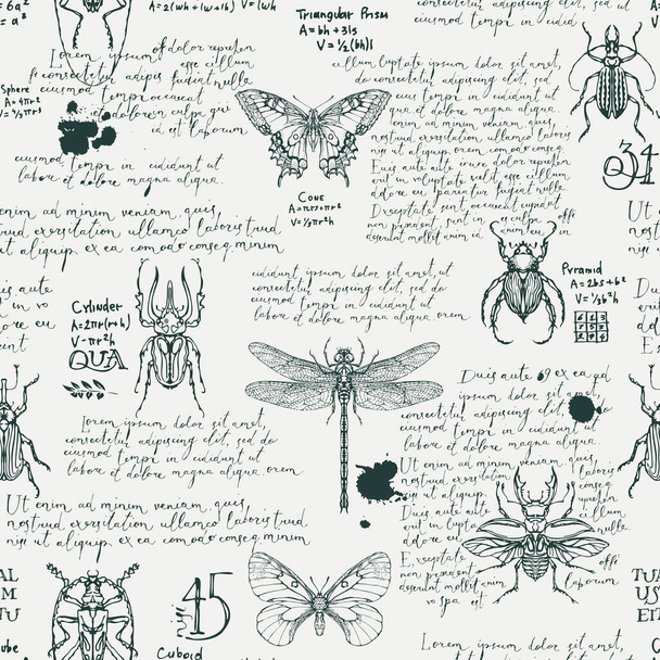 Monochrome seamless pattern with handwritten text Lorem Ipsum and hand-drawn insects. Vector background with butterflies, beetles, dragonfly on an old paper backdrop. Wallpaper, wrapping paper, fabric - Вектор, зображення