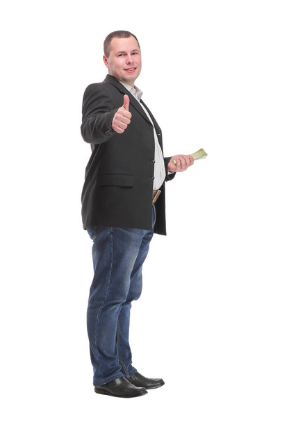 Portrait of a business man holding money, isolated on white - Φωτογραφία, εικόνα