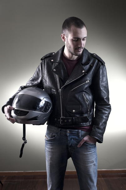 Biker in leather jacket and helmet - Foto, Imagem
