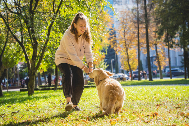 El dueño interpreta al perro golden retriever en el parque. - Foto, imagen