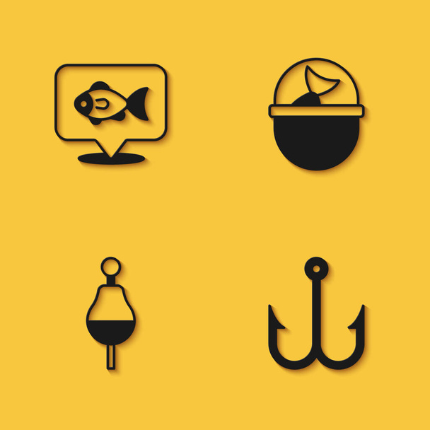Establecer ubicación pesca, anzuelo de pesca, flotador y cubo con icono con sombra larga. Vector - Vector, Imagen