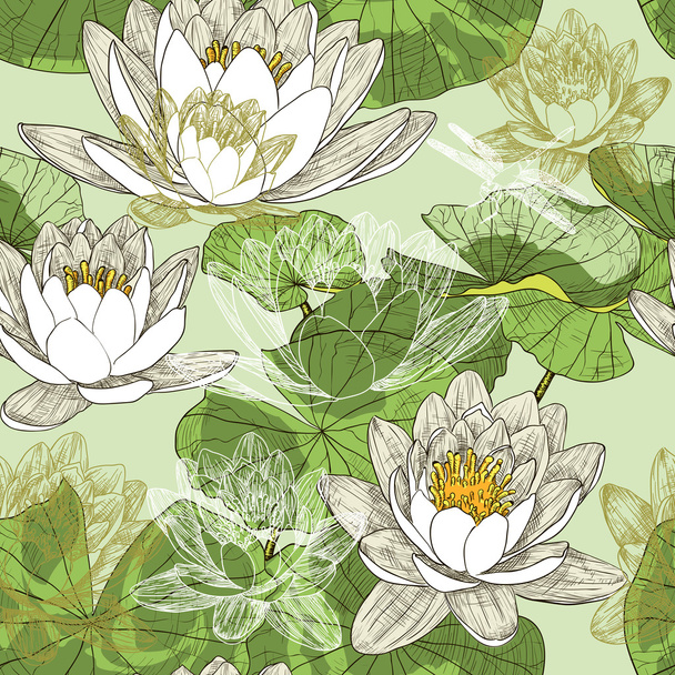 Seamless floral pattern with blooming water lilies and flying dragonflies - Vektor, Bild
