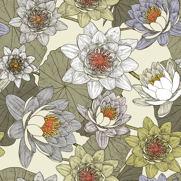 Seamless pattern with blooming water lilies - Vector, Image