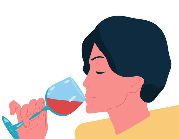 The concept of alcoholism. A young guy or girl is drinking wine, an alcoholic drink.Enjoying life. Drink.Vector flat illustration isolated on white - ベクター画像