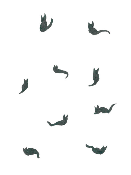 Set dunkler Silhouetten niedlicher Katzen in verschiedenen Posen. Abstrakte stilisierte animalische Muster für Kitty Design Ihrer Lieblingsdinge. Stilvolle Schwarz-Weiß-Tapeten im modernen minimalistischen Stil. - Foto, Bild