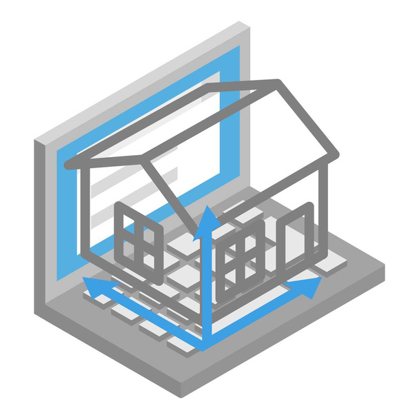 Construction project icon isometric vector. Open laptop and house projection - Vektor, Bild