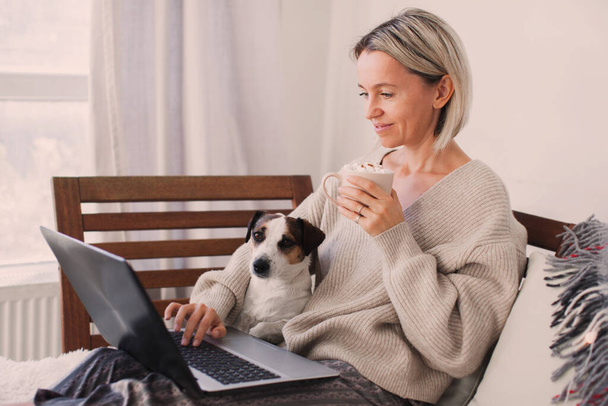 Attractive middle age adult woman using laptop internet technology at home for business or pleasure watching a movie - modern people always addicted and connected to internet - computer lifestyle - 写真・画像