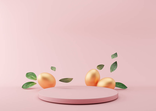 Podio con huevos de Pascua dorados y hojas verdes sobre fondo rosa. Moderno podio para producto, presentación cosmética. Una maqueta de Pascua. Pedestal o plataforma para productos de belleza. Escena vacía. Renderizado 3D - Foto, Imagen