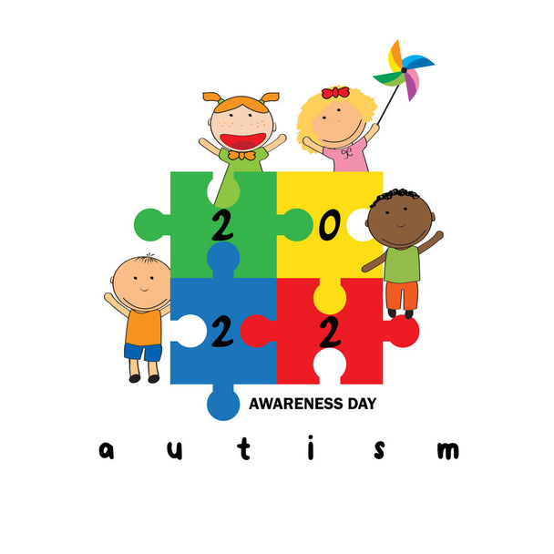 Giornata di consapevolezza dell'autismo. Illustrazione di bambini felici che ricevono sostegno, accettazione e amore - Vettoriali, immagini