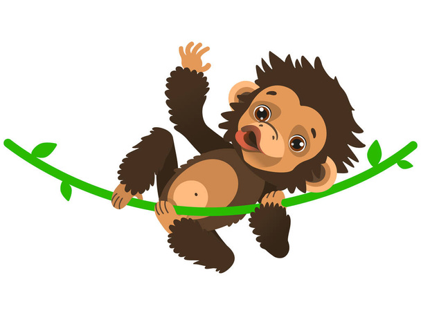 Ένα χαριτωμένο μωρό χιμπατζής αιωρείται σε μια λιάνα και κουνώντας το χέρι του. Αφρικανική πανίδα. Εικονογράφηση διανύσματος. Στυλ καρτούν. - Διάνυσμα, εικόνα