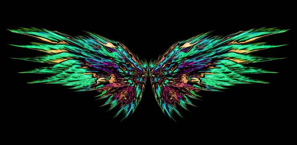 ステッカーやブランケットデザインのための抽象天使の翼.美しく魔法のような抽象的でサイケデリックで輝く緑の翼.   - 写真・画像