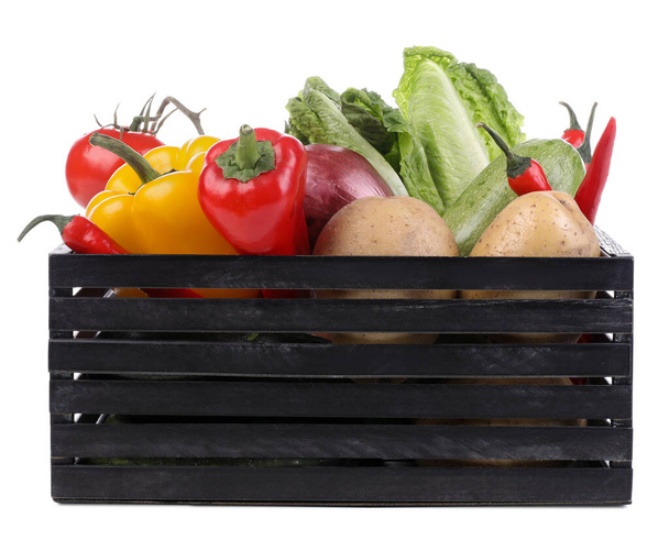 Jaula con verduras frescas maduras sobre fondo blanco - Foto, imagen