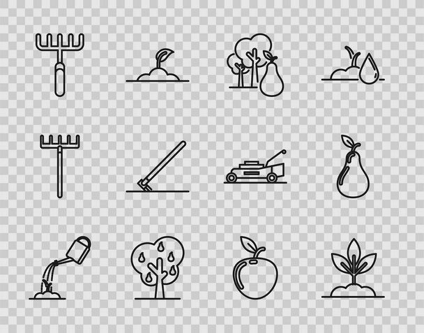 Su, bitki, ağaç armudu, bahçe tırmığı, iş, elma ve armut ikonu ile hat oluşturun. Vektör - Vektör, Görsel