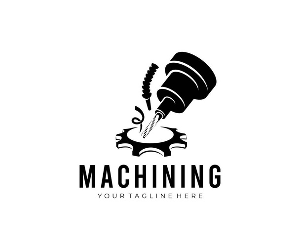 Makine, CNC değirmen makinesi vites, logo tasarımı. Vites metali endüstrisi, vektör tasarımı ve illüstrasyonunda metalcilik, soğutma ve yağlama - Vektör, Görsel