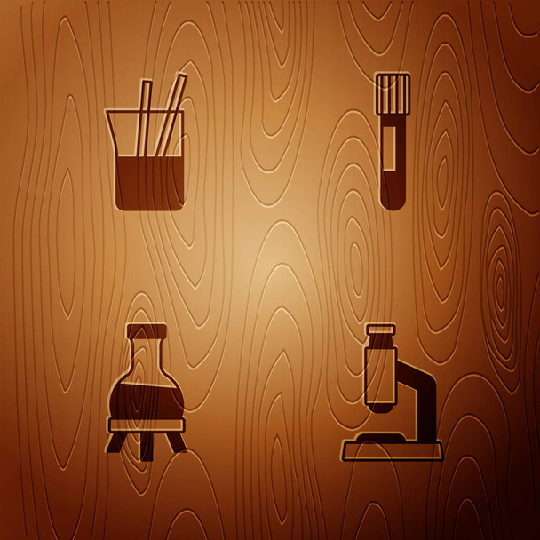 Definir microscópio, copos de laboratório, tubo de ensaio e em fundo de madeira. Vetor - Vetor, Imagem
