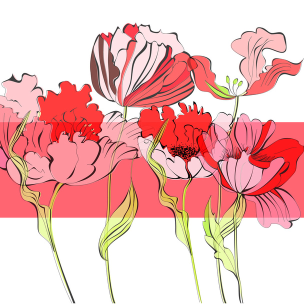 Template for card with red flowers - Vector, imagen