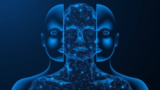 Internal electronic neural network. Artificial intelligence of a humanoid. Polygonal design of interconnected lines and points. Blue background - Vector, Image