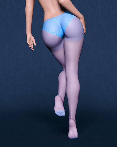 3D Beautiful female legs blue pantyhose and panties dark background.Woman studio photography.High heel.Conceptual fashion art.Intimate collection.Render illustration.Summer clothes. - Φωτογραφία, εικόνα
