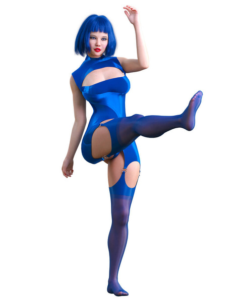 3D render beautiful sexy woman blue nylon sleeveless jumpsuit and stockings.Woman studio photography.Fashion show.Intimate lingerie collection.Conceptual fashion art - Zdjęcie, obraz
