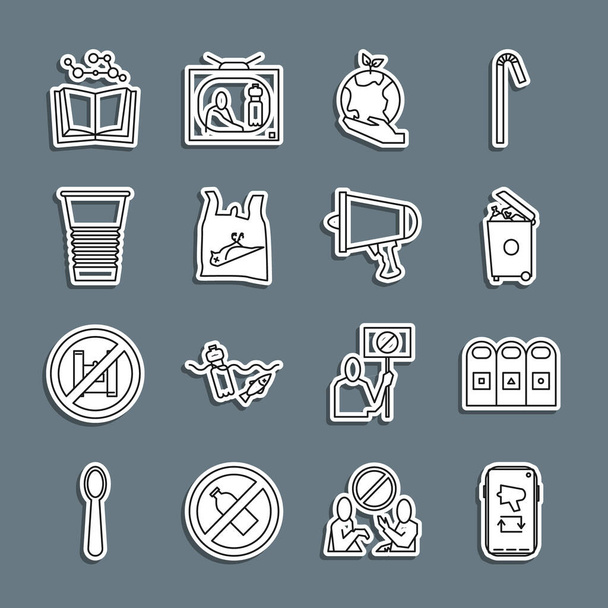 Set line Megaphone on mobile Trash in garbage cans sorted Hand holding Earth globe Dead bird plastic Paper glass Open book and Spread the word megaphone icon. Vector. - Vector, Image