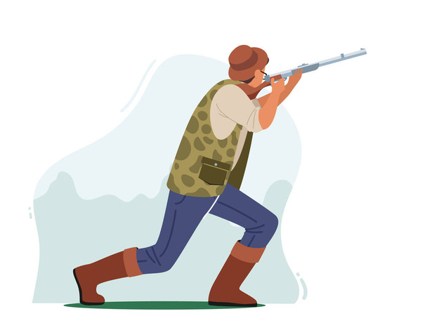 Hunter Shoot with Rifle Hunting, Summertime Hobby, Sport or Outdoor Activity, ανδρικός χαρακτήρας Φορέστε το γιλέκο καμουφλάζ - Διάνυσμα, εικόνα