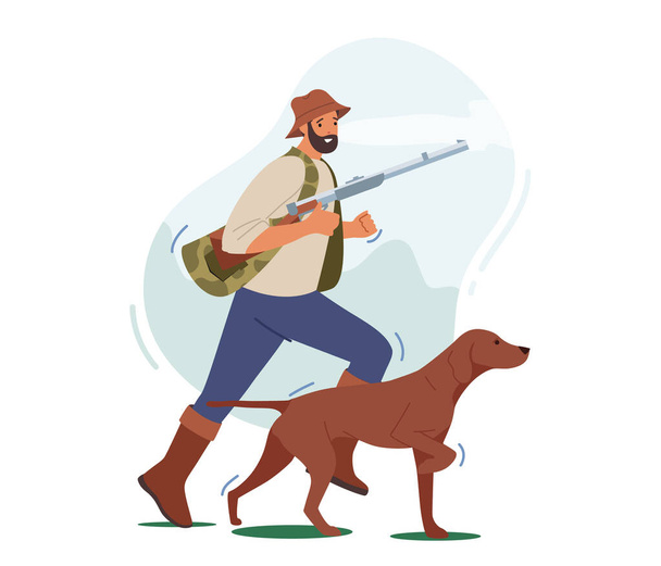 Cazador con rifle y perro Ron, Hombre Caza Hobby, Deporte o Actividad al aire libre, Hombre Carácter desgaste chaleco de camuflaje - Vector, Imagen