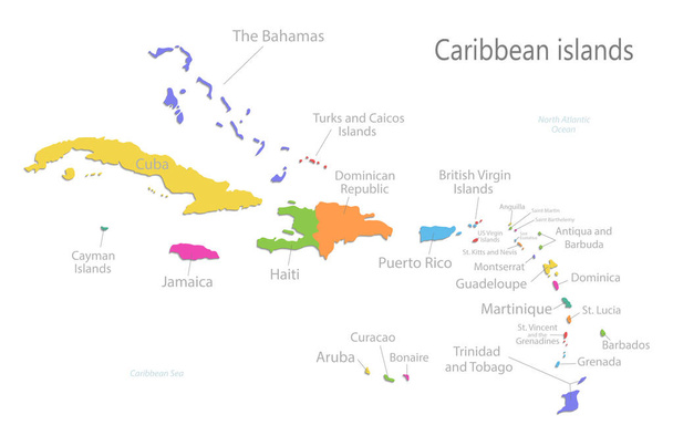 Karibische Inselkarte, Insel mit Namen, Farbkarte isoliert auf weißem Hintergrundvektor - Vektor, Bild