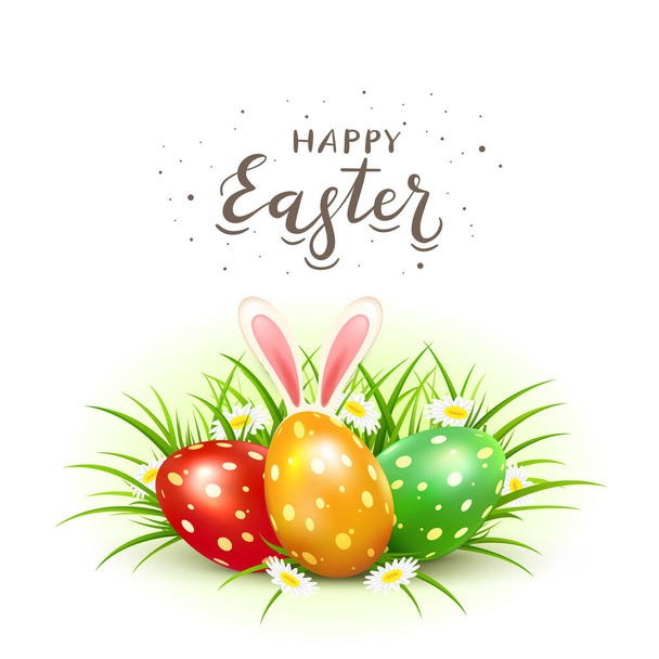 Three Easter eggs with rabbit ears in grass with flowers and lettering Happy Easter on white background. Illustration with bunny can be used for holiday design, banners, greeting cards. - Vektori, kuva