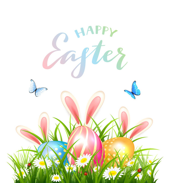 Butterflies, ladybugs and Easter eggs with rabbit ears in grass with flowers. Lettering Happy Easter on white background. Illustration with bunny is for holiday design, banners, greeting cards - Vektor, kép