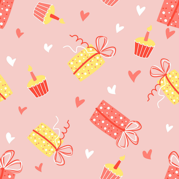 Valentines day pattern seamless vector. Gift boxes and cupcakes pattern for birthday. Pattern for gift wrapping and printing on textiles - ベクター画像