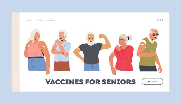 Modello di pagina di atterraggio per anziani vaccinati. I personaggi anziani positivi mostrano patch sulla spalla. Immunizzazione degli anziani - Vettoriali, immagini