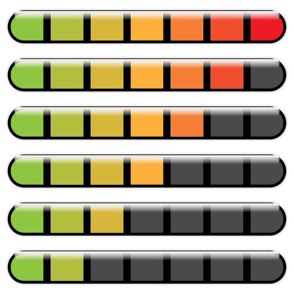 Progress bar. Steps, phases, level indicator. Yardstick meter. Rank, grade, stage chart, graph - Вектор, зображення