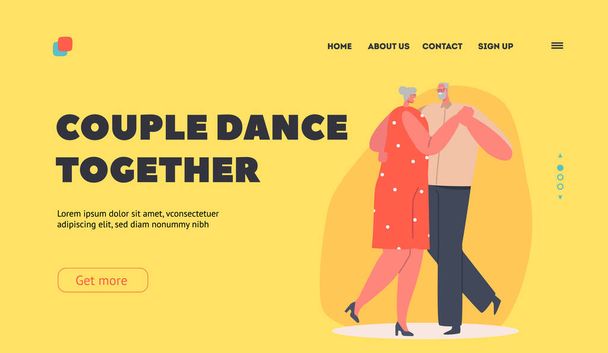幸せな高齢者のキャラクターダンスランディングページテンプレート。恋人同士の恋愛関係。シニア男性と女性 - ベクター画像