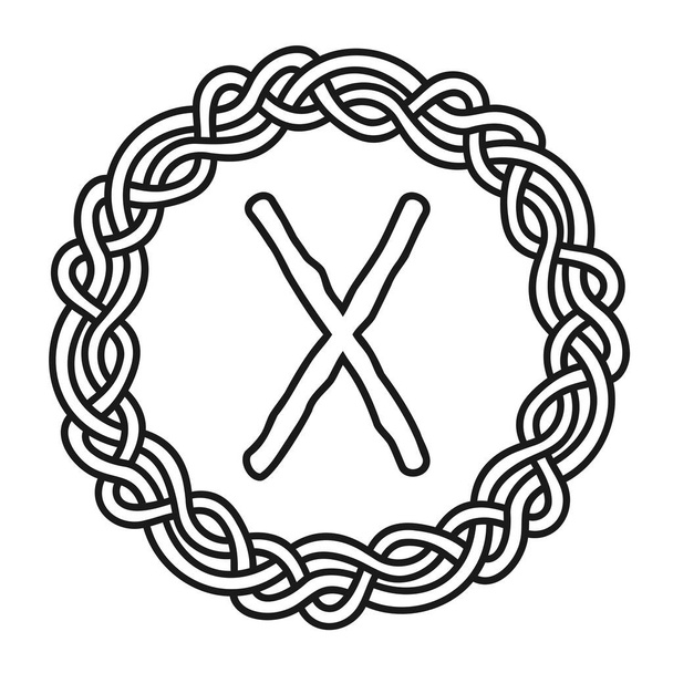Runa Gebo en un círculo - un antiguo símbolo escandinavo o signo, amuleto. Escritura vikinga. Ilustración vectorial dibujada a mano para sitios web, juegos, impresión y grabado. - Vector, imagen
